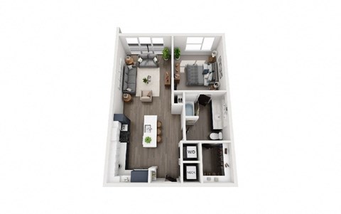 A top-down view of a small apartment with a kitchen, living room, and bathroom.